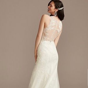 David’s Bridal Lace Illusion Neckline Sheath Wedding Dress Size 8 NWT